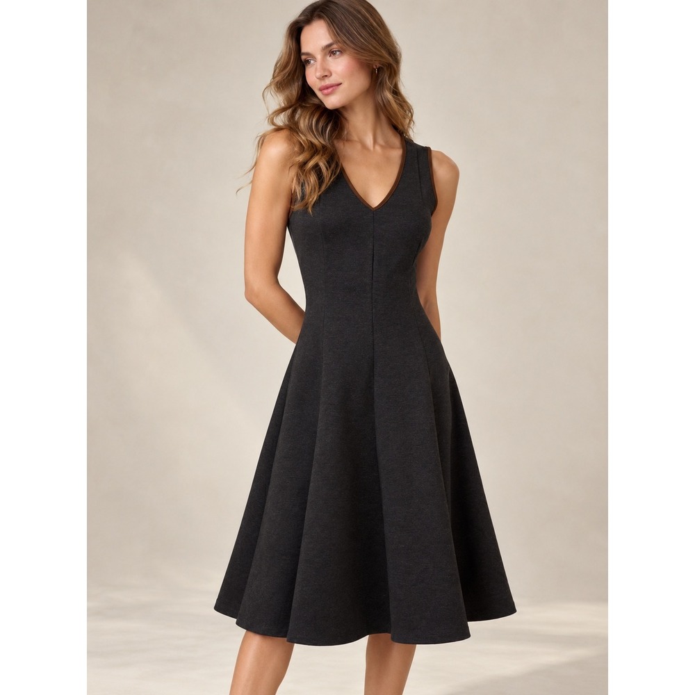 Lauren Ralph Lauren Dress Womens S Grey NWT Faux Suede Trim A-Line V-Neck Midi